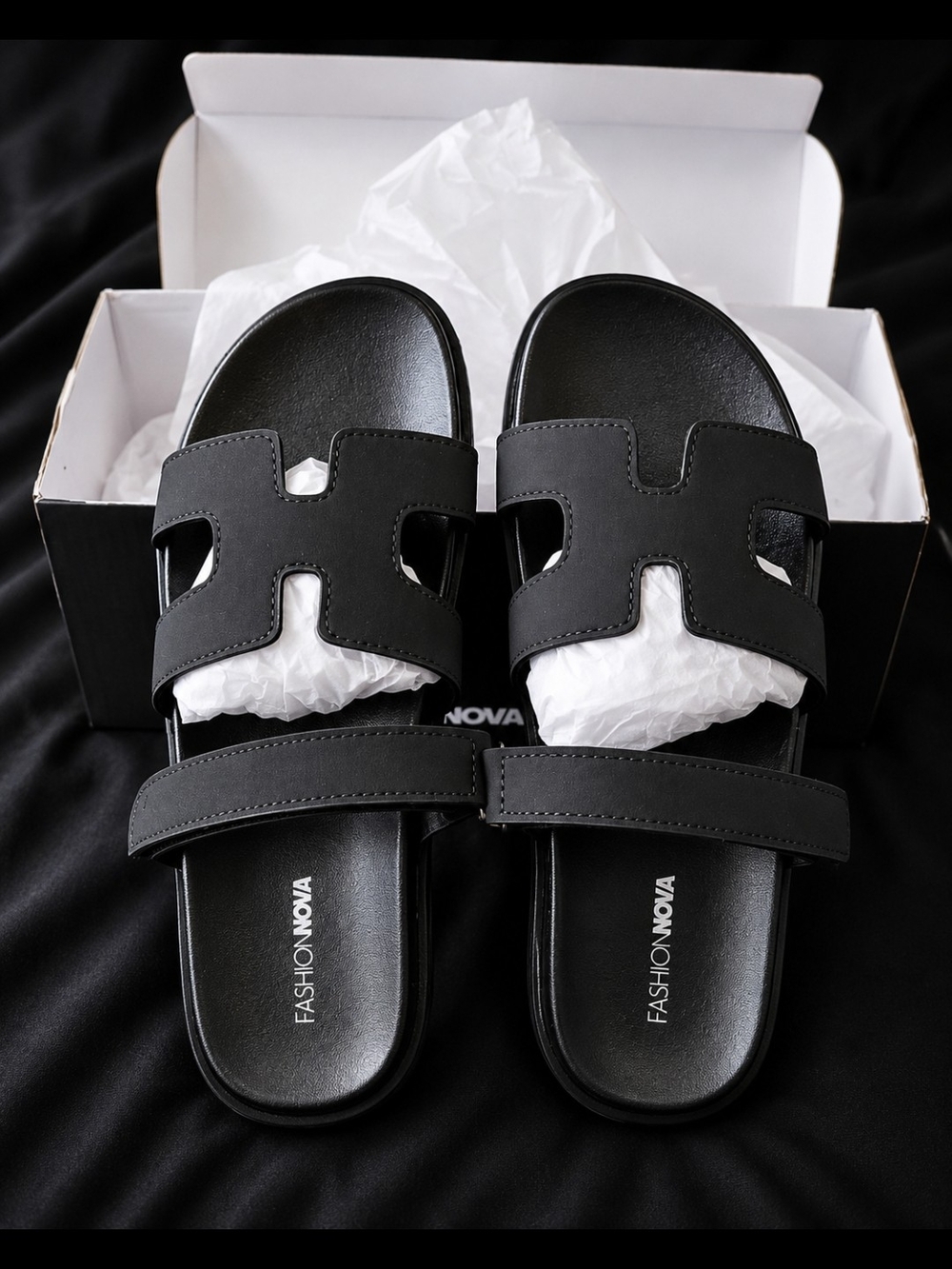 Fashion Nova Black Ribbed Sole Slide Sandals